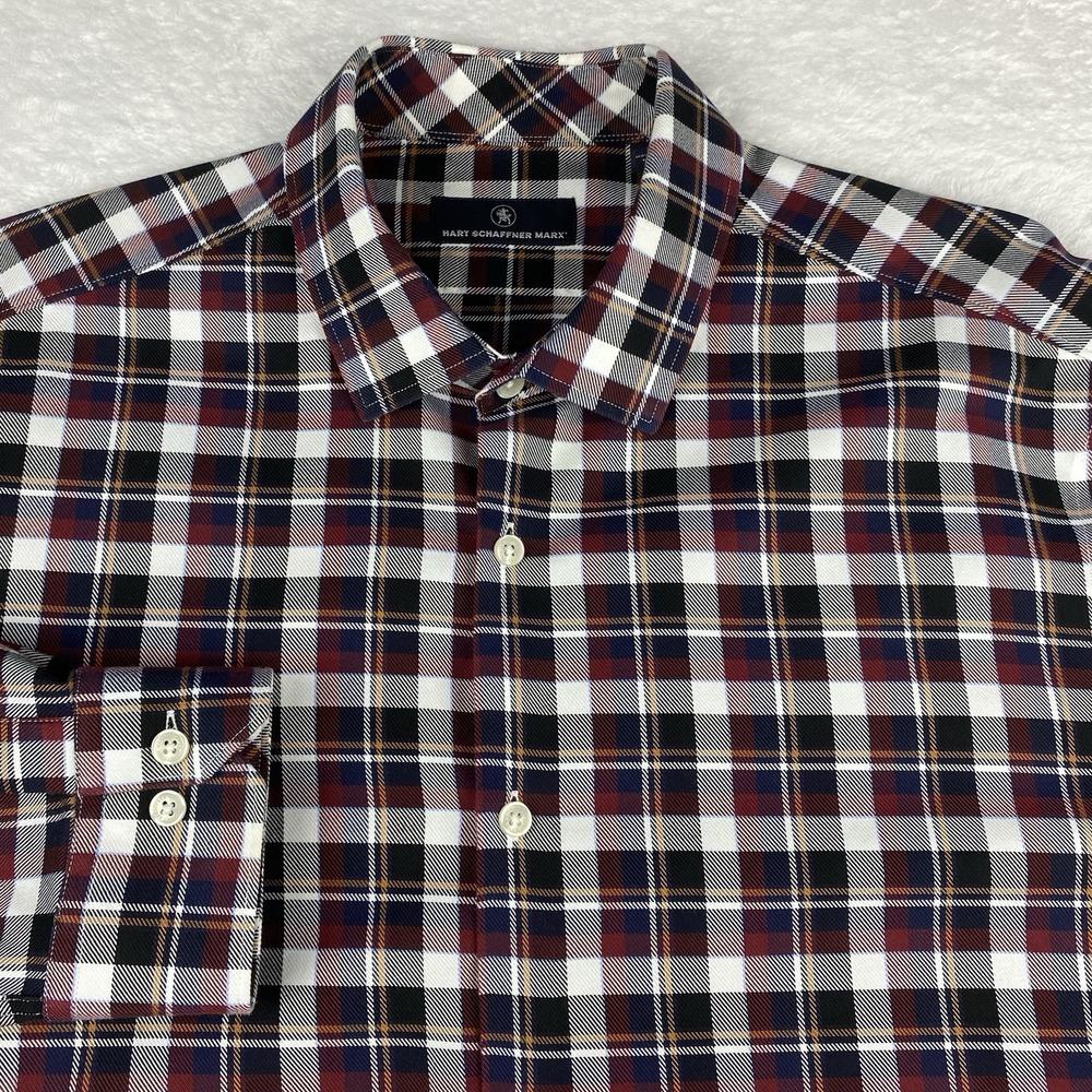 Hart Schaffner Marx Shirt Mens XL Black/Burgundy/White Plaid Regular Fit